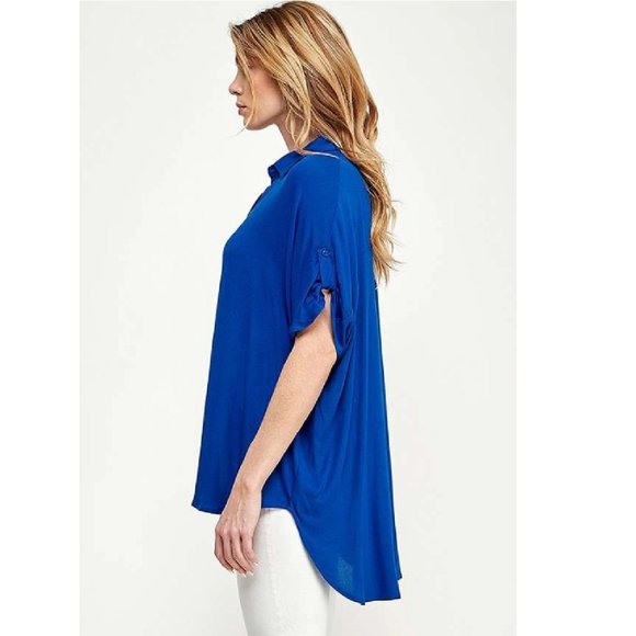 Oversized Short Sleeve Shirt Hi-Lo Rolled Sleeves V-Neck Collar Royal Blue - Picture 4 of 6